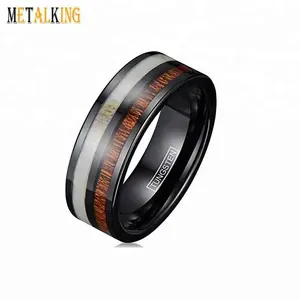 8Mm Zwart Wolfraam Trouwband Hertengewei & Koa Hout Inlay Heren Jacht Ring