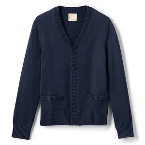 V Neck Single Breasted Pure Cotton Primary Designs Rib Knit School Uniform Boys GirlsPerformance Button Front Cardigan Sweater