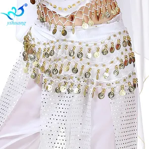 128 Coin Chiffon Dress Dancer Costume Performance Egyptian Belly Dance Belt Golden Coins
