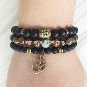 SN0863 3 pz/set Mala perline curative occhio di tigre opaca onice Yoga bronzo Buddha Om bracciale da polso per gli uomini - Product Image 5