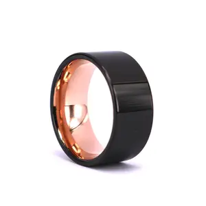 10MM Flat Top Polished Black Tungsten Carbide Mens Wedding Bands Comfort Fit Rose Gold Inside