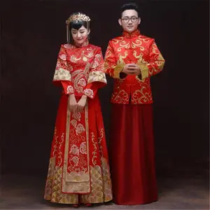 2018 moda düğün gelin damat kırmızı klasik Çin geleneksel Tang takım elbise