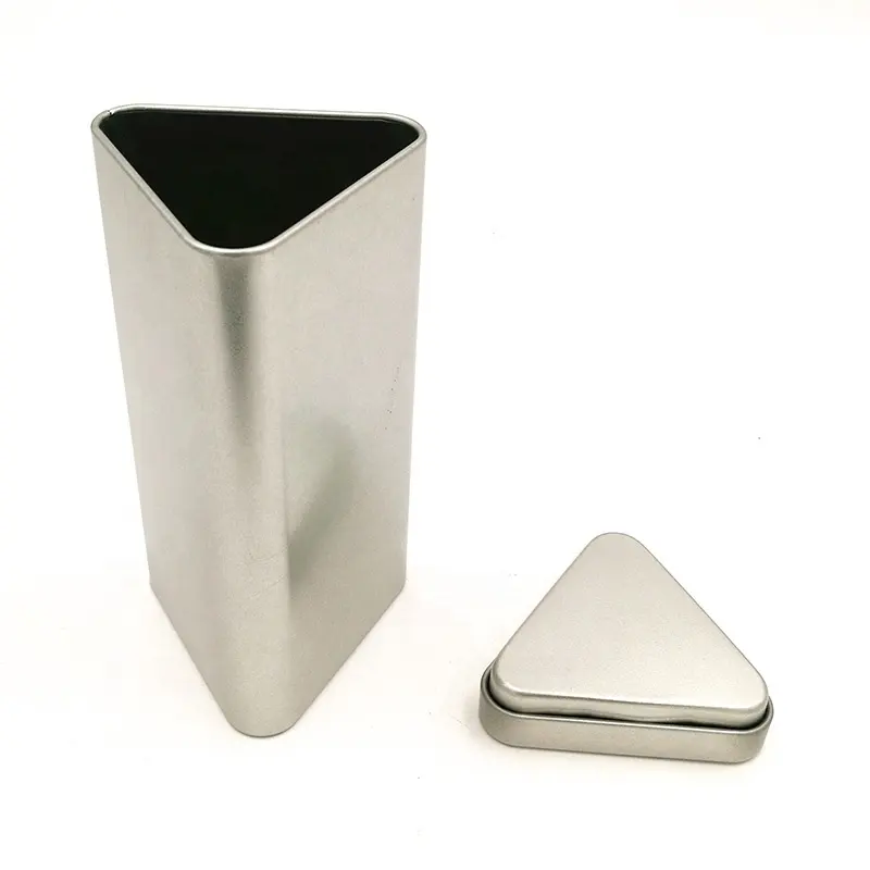 Caja de metal triangular de embalaje de té con impresión de plata personalizada, venta al por mayor de fábrica