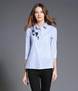 <span class=keywords><strong>Chemise</strong></span> rayée élégante de haute qualité à manches longues avec broderie et poche plaquée pour <span class=keywords><strong>femme</strong></span> - Product Image 5