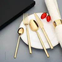 Alat Makan Pernikahan Gagang Persegi, Peralatan Makan Malam Berlapis Emas Emas Pisau Steak Tebal Set Sendok Garpu