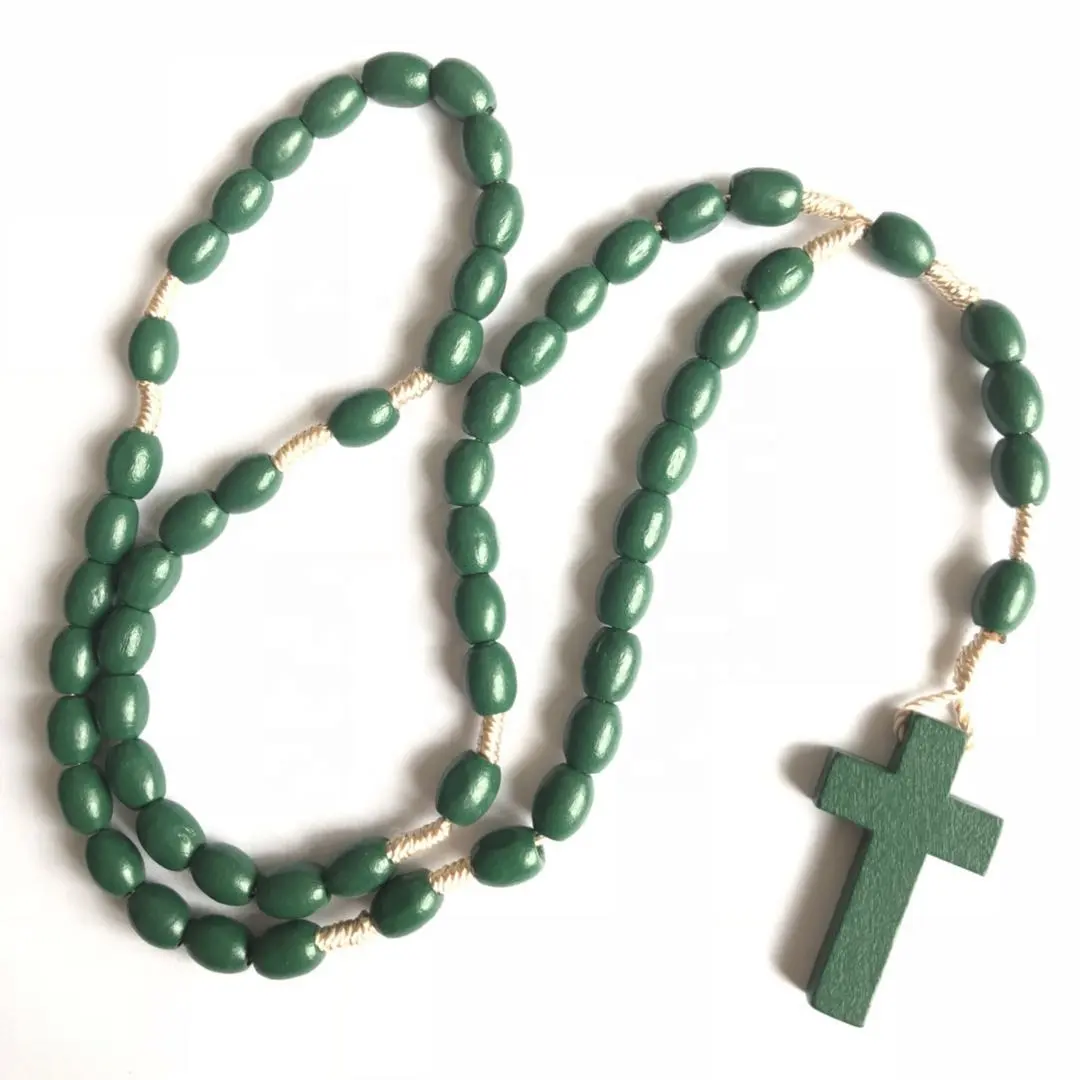 green wood bead twisted cord rosary, custom oval beads religious catholic rosary with wooden cross
