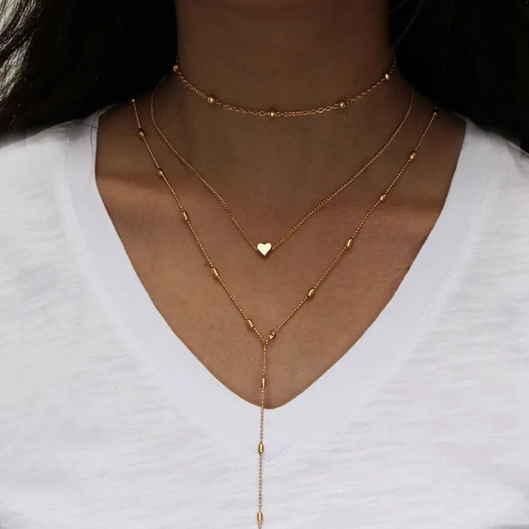 Fashion Women Gold Silver Tone Layered Necklace Three Layers Ball Bead Chain Heart Charm Y Shape Necklace for Wholesale