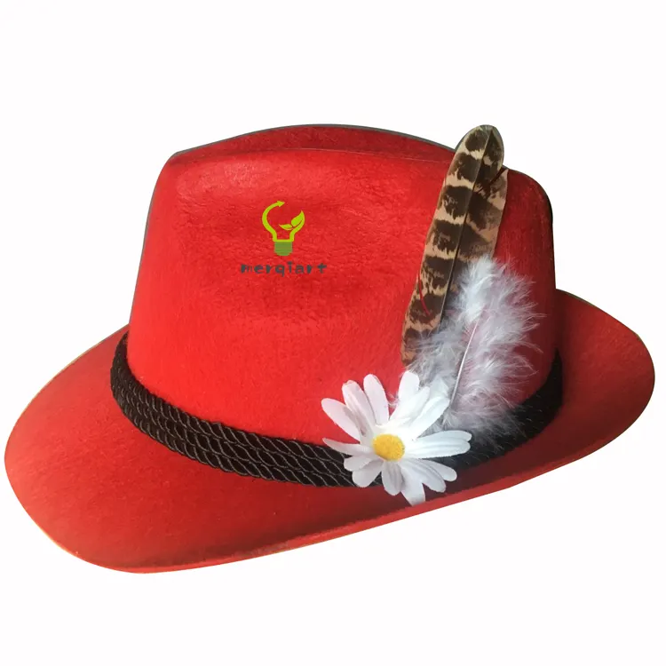 2020 Traditional Costume Vintage German Oktoberfest Bavarian Alpine Hunter Felt Fedora Hat Red for Women