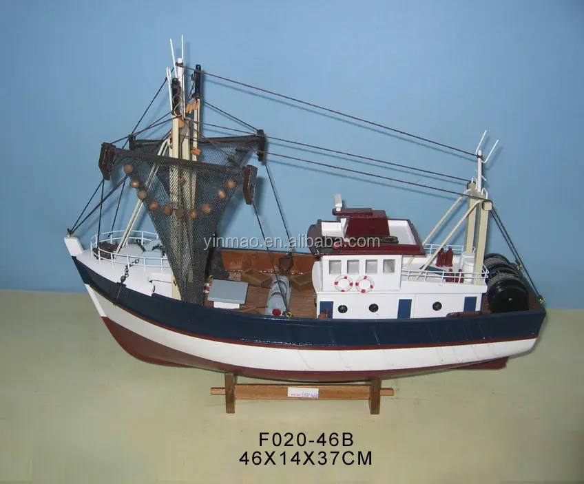 Houten Garnalen Boot Model met 2 visnetten, 3 kleur 46x14x37 cm, vissen Krab schip model, nautische yacht vessel replic model