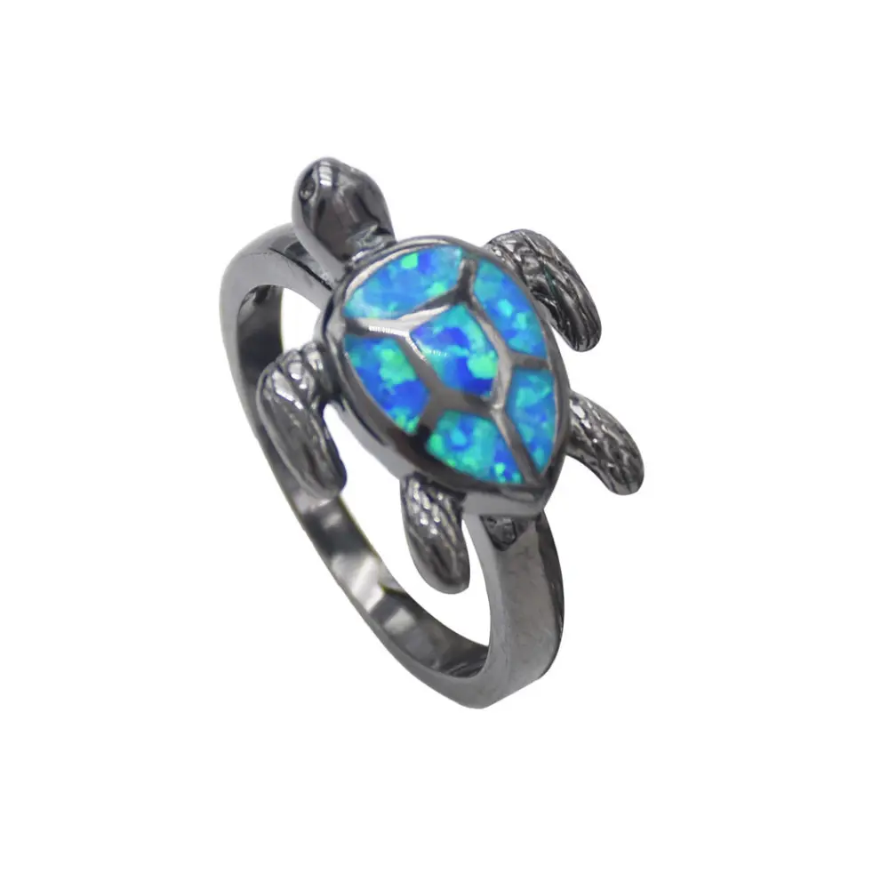 Punk 18K Black Gold Filled Blue Fire Opal Rings Turtle Ring Wedding Finger Jewelry