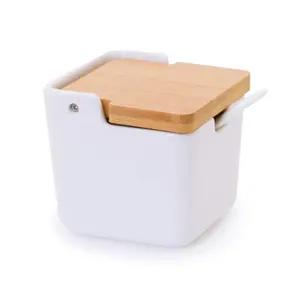 陶瓷糖碗盐盒与竹翻转顶盖胡椒容器面粉盒持有人陶器碗白色