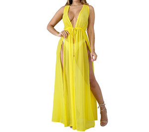 See Through High Split Deep <strong>v</strong> <strong>Neck</strong> Transparent Maxi <strong>Dresses</strong> for Beach - Product Image 1