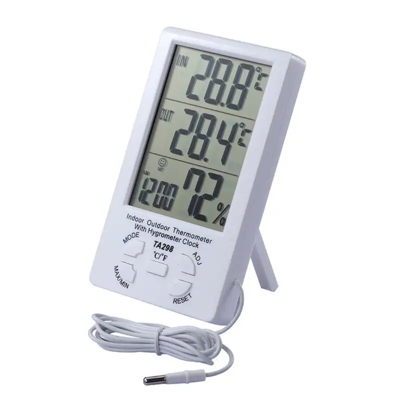 New Indoor Outdoor LCD Digital Temperature Meter Humidity Thermometer Time Clock with Outdoor Temperature Sensor hygrometer