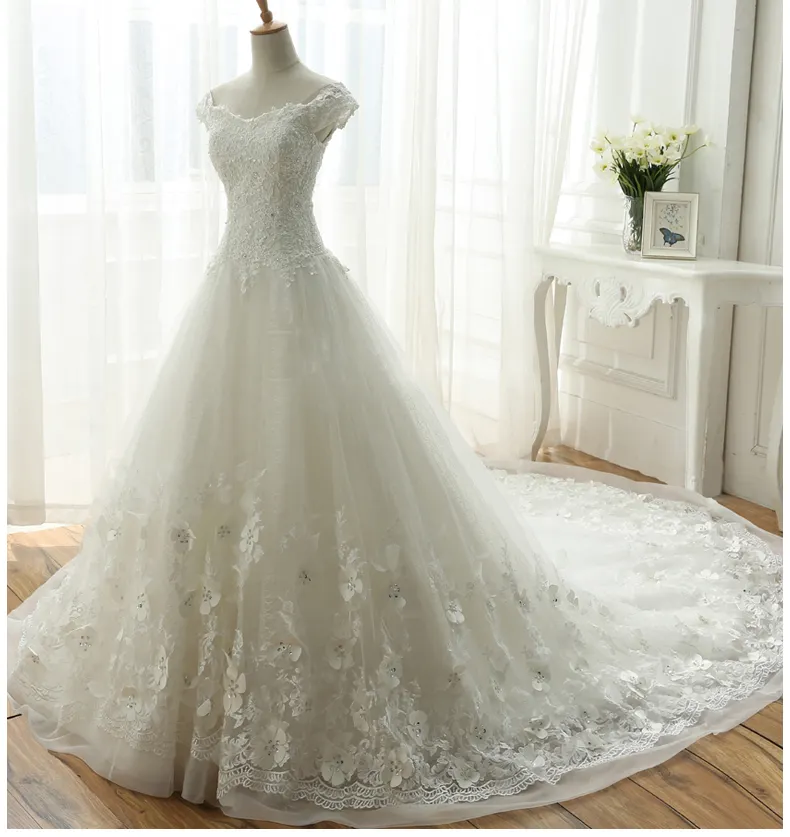 Custom made Capped sleeves ruffled skirt gorgeous ballgown Longtail wedding dress TS95