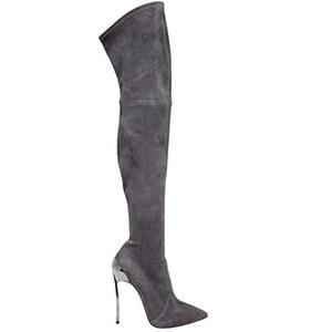 Design semplice Della Signora del Metallo Tacco Alto Sopra Il Ginocchio Stivali A Spillo Punta A Punta Pelle Scamosciata Coscia Alti Stivali Elasticizzati - Product Image 6