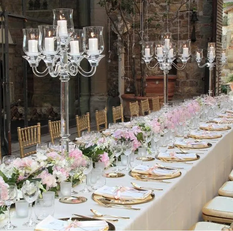 Stile europeo decorazione di cerimonia nuziale di cinque braccio alto candleabras candelabri di cristallo di nozze centrotavola