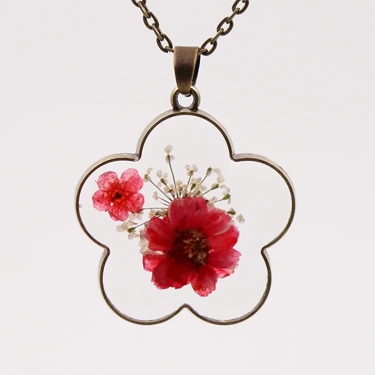 Retro Bronze Real Dried Flower Charm Locket Women Pendant online shop Necklace