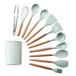 Ustensiles de cuisine en Silicone, ensemble de 12 pièces, poignées en bois, jeu de spatule de cuisine avec support