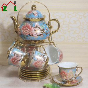 Exquisite brilliant 13 pcs restaurant blue ceramic golden rim afternoon tea coffee cup teapot set