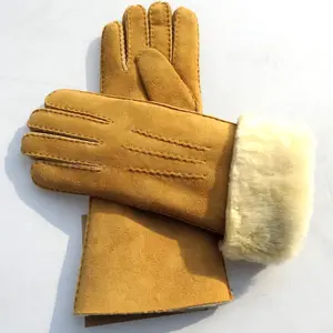 2023 heißer Verkauf klassische umwelt freundliche echte Schaffell Doppel gesicht Frauen Winter warm gelbe Leder handschuhe echte Pelz handschuhe