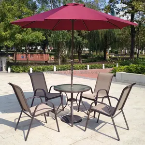 Toptan yemek masası seti açık-6 adet Açık Bahçe Veranda Mobilya Cam Alüminyum yemek masası Sling Sandalye Şemsiye Seti