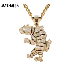 Hip Hop Exaggerated Animal Tiger Pendant Charm Gold Plated Iced Out CZ Stone Agate Eyes Pendent Statement Necklace Jewelry