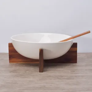 Concise restaurant banquet used big round white eco friendly modern salad bowl ceramic with wood stand