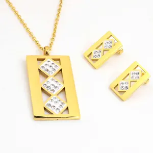 Conjunto de joyería de acero inoxidable con diamantes de imitación dorados para mujer, fábrica de joyería china, 2018