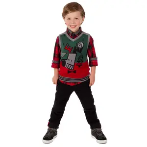 Customized boys plaid long sleeves shirt and knit vest kids christmas outfits