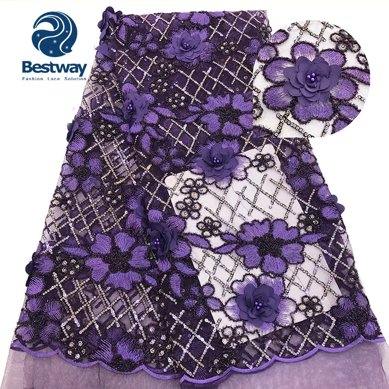 Bestway borduren kralen 3d bloem paars nigeriaanse miljoen sequin lace