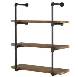 Industrial style iron pipe hanging floating wooden wall decorative shelf rack wholesale