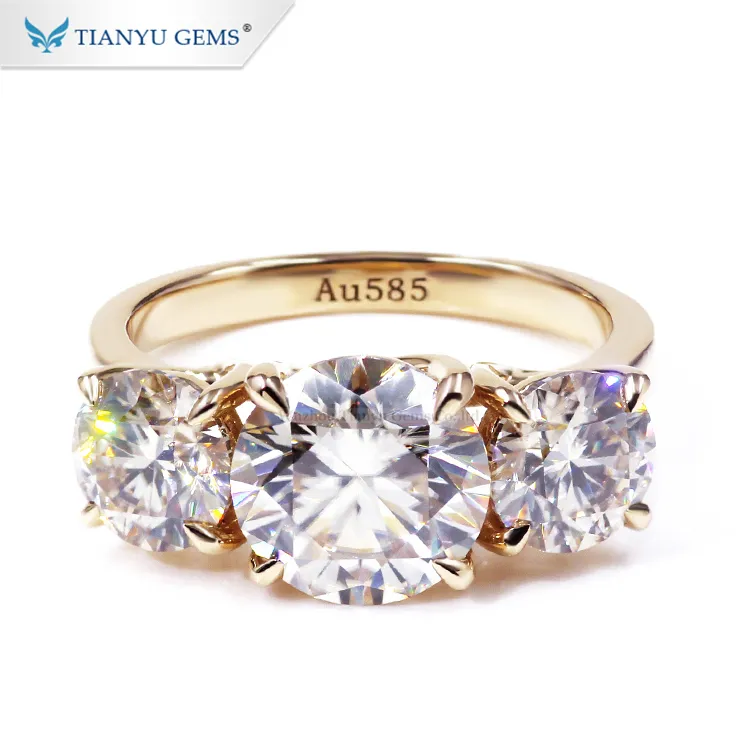Tianyu gems three stone ring pure yellow gold 3ct DEF color moissanite Luxury ring