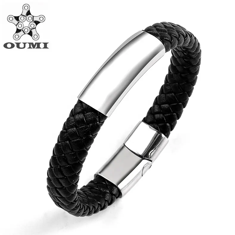 OUMI clásico estilo trenzado pulsera de cuero pulsera con cierre de acero inoxidable para mujeres y hombres