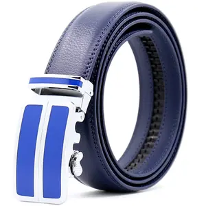 Ceinture en cuir véritable pour hommes, boucle automatique en alliage, de luxe, cuir de vache bleu offre spéciale