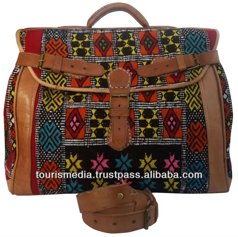 حقيبة كيليم مغربية مصنوعة يدويًا من كيليم وبساط كيليم متعدد الألوان من الجلد الطبيعي