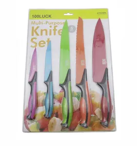 不锈钢不粘食品级彩色涂层刀片刀，带刀片护罩，包括8英寸厨师、叉子、5英寸实用工具和3.5英寸削皮