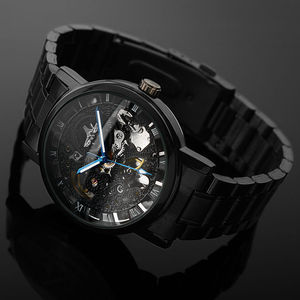 Nuovo Orologio da Polso da <span class=keywords><strong>Uomo</strong></span> Nero in Acciaio Inossidabile Stile Antico Steampunk Casual Automatico Scheletrato - Product Image 1