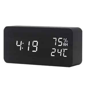 Kleine Bestelling Moderne Vierkante Kleurrijke Houten Bamboe Digitale Single Gezicht Thermometer Led Wekker Oplaadbare Wekker