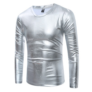 T-Shirt Metallica Dorata per <span class=keywords><strong>Uomo</strong></span>, Manica Lunga, Collo Tondo, Maglietta Lucida per Club Notturni, Stile Hip Hop - Product Image 2