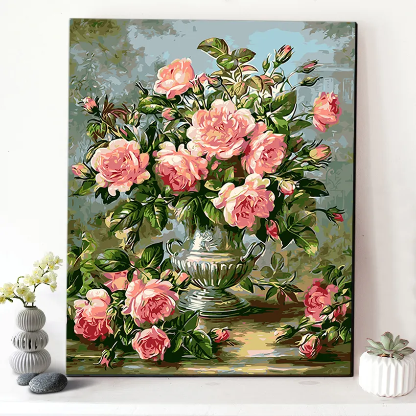 Chenistory Painting By Numberse Roze Bloemen Voor Volwassen Muurdecoratie Kunst Met Houten Frame