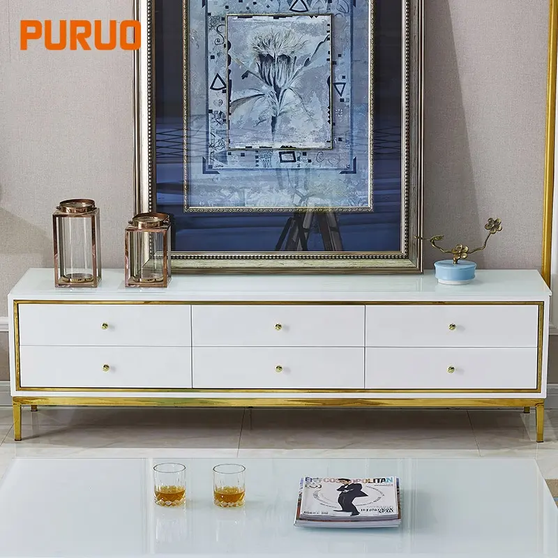 European white simple style movable wall unit designs western-style modern TV stand storage cabinet for living room furniture