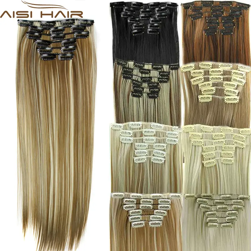 Aisi Hair Wholesale 22 inch Synthetic Clip in Hair Extension 16 Clips 6pcs/Set Silky Straight Hair Extension Hairpiece For Women