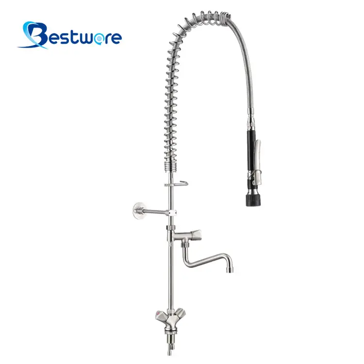 Commercial Double Handle Upc Kitchen 3 Way Water Spring Pull Out Kitchen Faucet