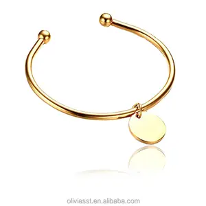 Olivia Gold Stainless Steel Simple Open Cuff Bangle Bracelet with Small Round Disc Tags Charm