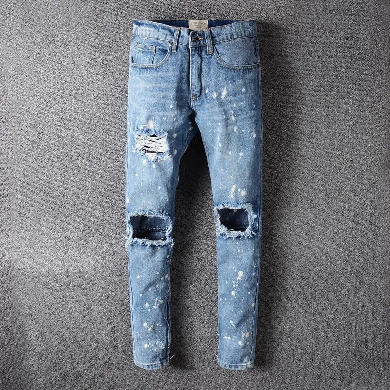 Royal Wolf Denim Jeans Hersteller hellblau waschen aushöhlen Farbe Splatter Slim Fit Jeans Mode Männer Jeans