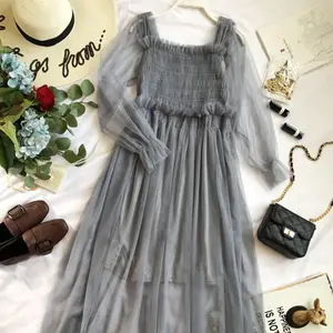 New Hot Sale Lace Mesh Kleid Casual Club Party Wear Hohe Taille Frauen Elegantes Langes Kleid Sexy Frühlings kleidung E11069