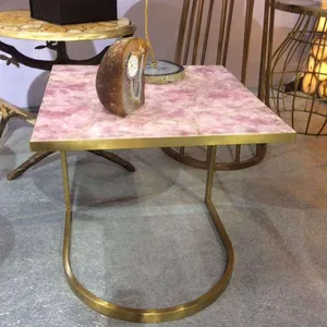 长方形客厅透明半宝石玫瑰石英咖啡桌粉红色水晶边桌