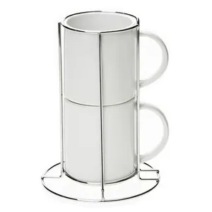 Sublimation Stacking Blank Ceramic 10 unzen Coffee Mug Set von 2 stück mit Chrome Metal Rack