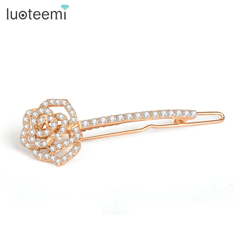 LUOTEEMI Grosir Kecantikan Baru Rose Gold Disepuh Luxury Cubic Zircon Bridal Pernikahan Rose Flower Rambut Aksesoris Hairpin