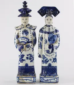 파란색과 흰색 중국 황제와 황후 도자기 입상 RZKC14 홈 장식